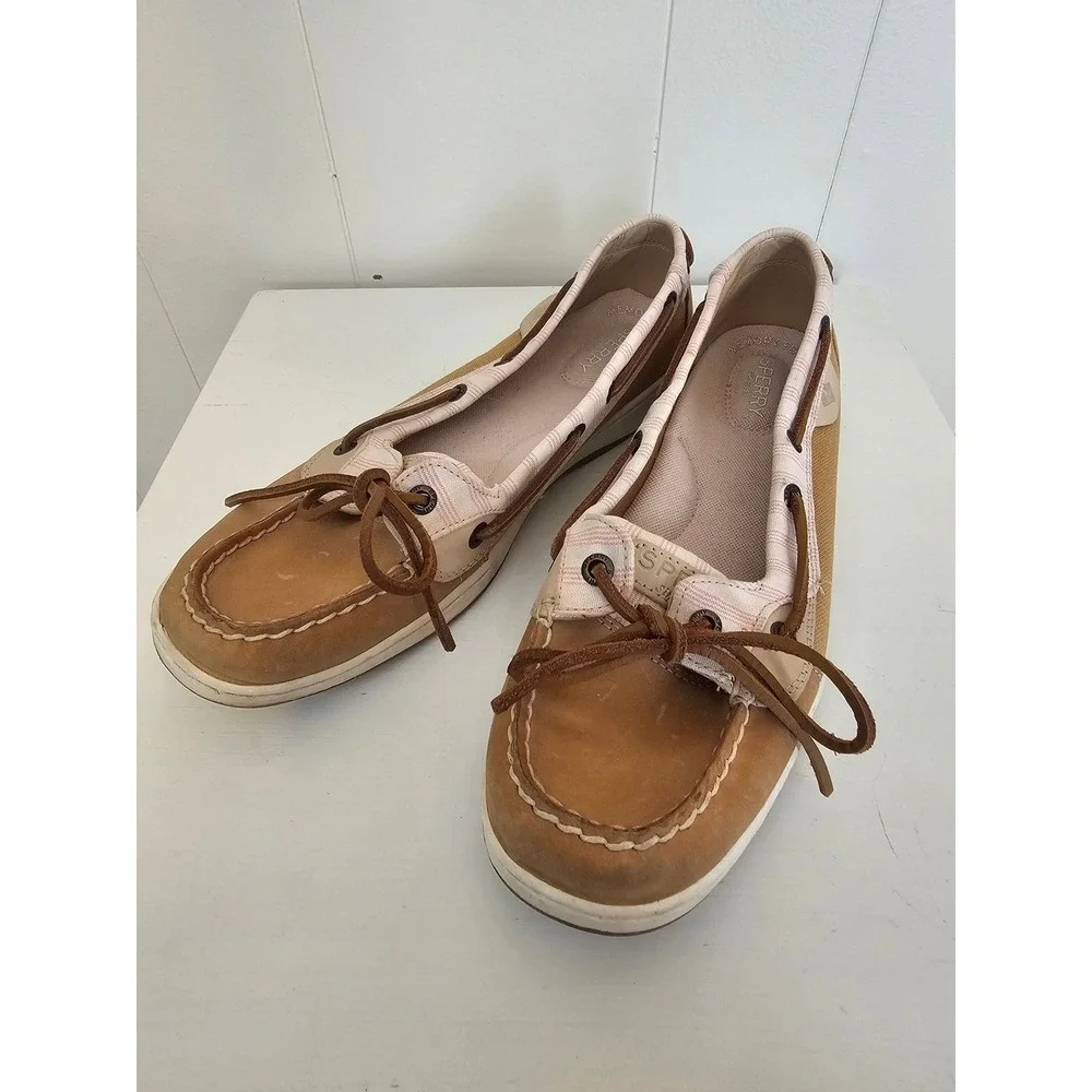 Sperry Boat Shoes Womens 9.5 Tan Pink Striped Leather Nautical STS88624